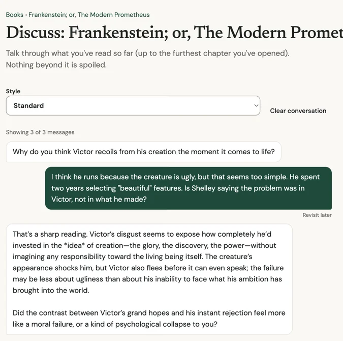 Discuss: Frankenstein. The student suggests the problem was in Victor rather than in what he made; Parlor replies that Victor's disgust may be about his inability to face what his ambition brought into the world, and asks whether it feels more like a moral failure or a psychological collapse.