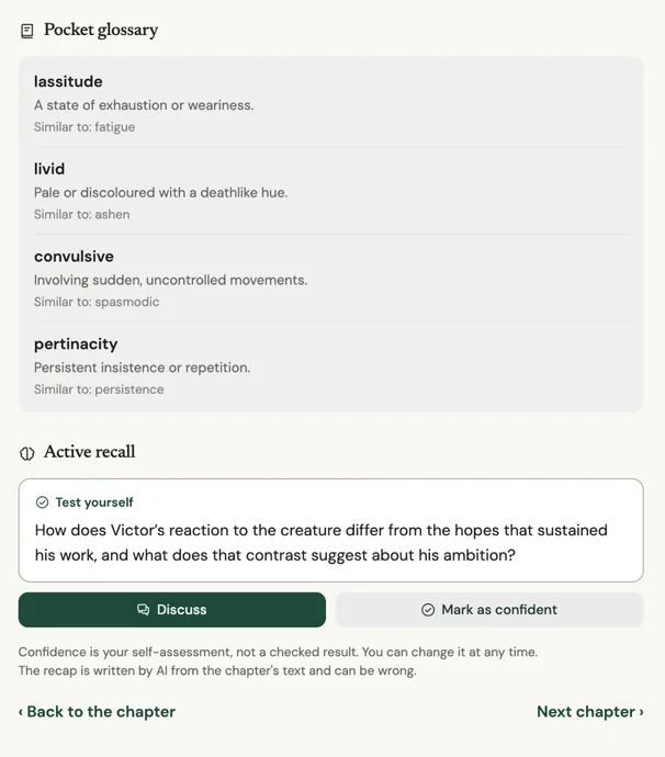 A chapter recap for Frankenstein, Chapter 5: a pocket glossary with lassitude, livid, convulsive and pertinacity, each with a short definition and a similar word, then an active recall question.