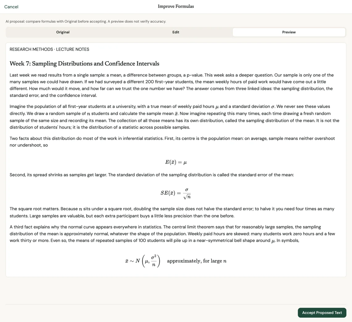 Improve Formulas preview for page 1 of a statistics lecture PDF. The proposed text renders the formulas E of x-bar equals mu, the standard error sigma over the square root of n, and x-bar approximately normal with mean mu and variance sigma squared over n. A note says to compare formulas with the original before accepting.